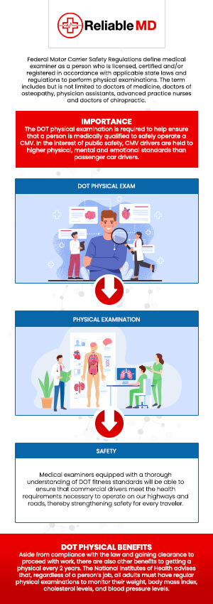 DOT physical exams are required for commercial drivers to ensure they meet the health standards necessary for safe driving. The exam includes checks for vision, hearing, blood pressure, and overall physical fitness. Drivers must pass the exam to obtain or renew their commercial driver's license (CDL). Reliable MD offers convenient and thorough DOT physical exams with fast results and flexible scheduling. For more information, contact us today or book an appointment online. We are conveniently located at 2801 Fruitville Rd Unit 140, Sarasota, FL 34237.